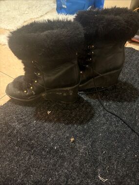 Yves Saint Laurent Black Faux-Fur Wedge Lace-Up Ankle Boots